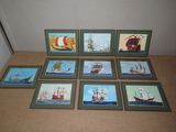 six framed pictures of ships on a table
