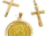 two gold crosses, a gold coin, and a gold cross