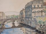 drawing of a bridge over a river in a city with buildings