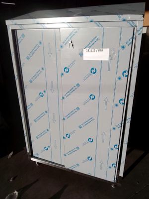 a metal cabinet that has a sticker on it