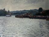 une peinture d'une rivière avec des bateaux