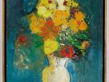painting of yellow and red flowers in a white vase on a table