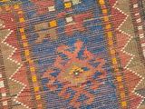 close up of a colorful rug with a cat on top of it