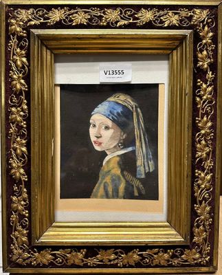 une peinture à l'huile représentant une jeune fille à l'oreille ornée d'une perle, dans un cadre doré