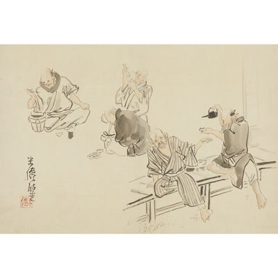 chinese painting of three men sitting on a bench with a bowl of food