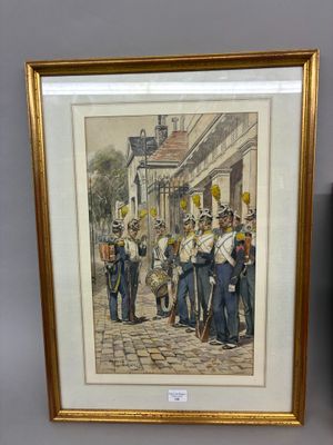 tableau représentant une fanfare dans une scène de rue, avec des bâtiments en arrière-plan