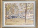 framed painting of a street scene with a horse and buggy in the foreground