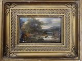 une peinture à l'huile représentant un paysage avec une rivière au premier plan