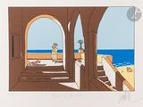 un dessin représentant un homme debout sur un balcon au bord de la mer