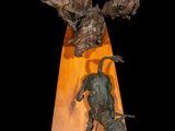 statue of a man riding a horse on a wooden platform