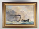 une peinture à l'huile représentant un navire en mer d'où s'échappe de la fumée