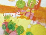 une peinture représentant un arbre jaune et vert sur un fond rose et jaune