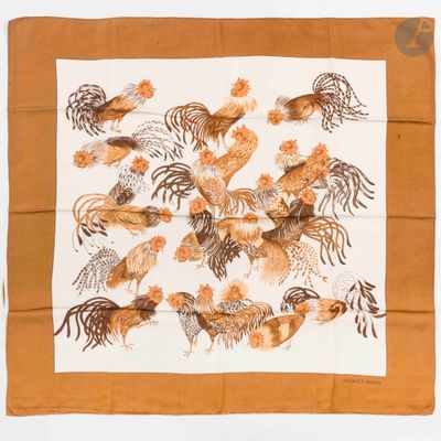 an image of a brown and white scarf with roosters on it