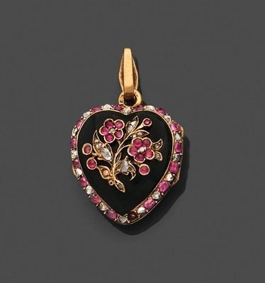 un pendentif en forme de cœur en émail noir, orné de pierres roses et blanches