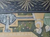 a painting on the wall of a bathroom with a toilet and sink