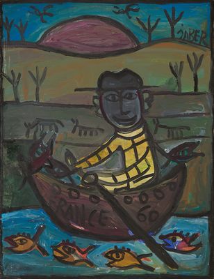 painting of a man in a boat with a fish in the water
