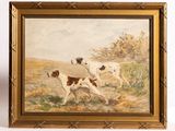 a painting of two dogs in a field with trees in the background