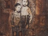 une image représentant un tableau sur lequel figurent deux enfants debout devant un mur