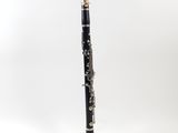 a black and gold clarinet with a white background