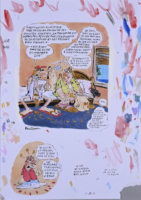 a picture of a drawing of a family sitting on a bed