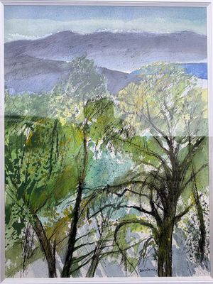 peinture représentant un paysage avec des arbres et des montagnes en arrière-plan