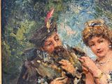 a painting of a woman and a man holding a fan