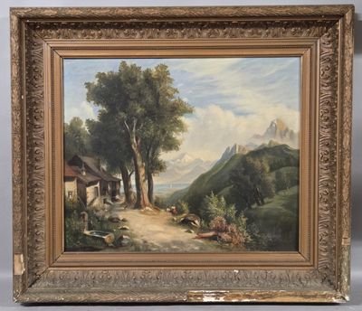 an oil painting of a mountain scene with a house and trees