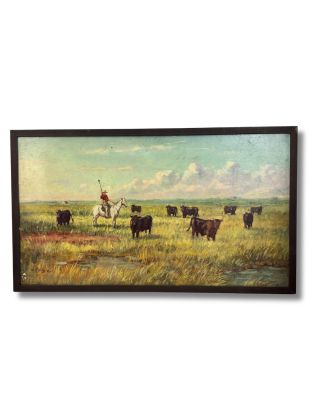 tableau représentant un homme à cheval avec du bétail dans un champ