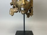 a bronze mask on a black stand with a white background