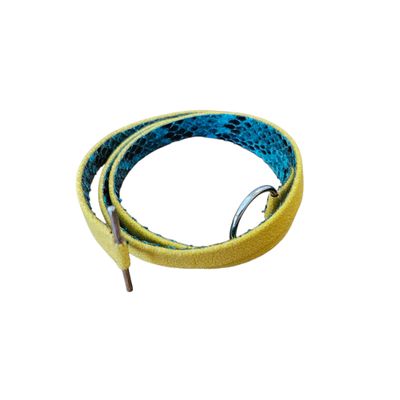 un gros plan d'une ceinture jaune et bleue sur fond blanc