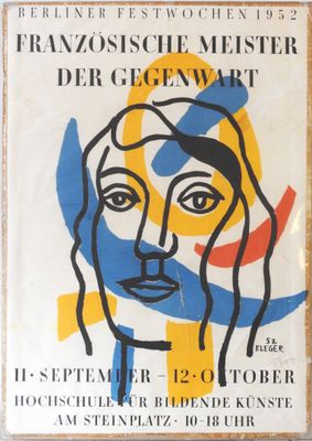 une image représentant une affiche sur laquelle figure le visage d'une femme dans des tons de bleu, de jaune et de rouge