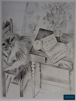 a drawing of a cat sleeping on a desk
