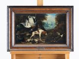 tableau représentant un chien et un canard dans un décor boisé