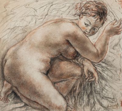 une image représentant le dessin d'une femme nue assise sur un lit
