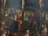 une image représentant un tableau montrant un crucifix entouré d'un groupe de personnes