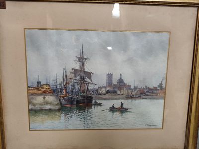 tableau représentant une scène de port avec des bateaux et un homme dans un bateau