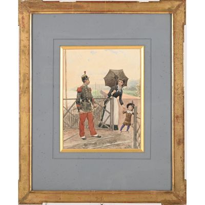 tableau représentant deux hommes et une femme avec un parapluie