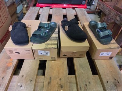 Plusieurs paires de chaussures sont posées sur des cartons, sur une palette.