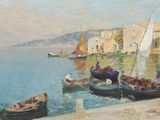 un tableau représentant des bateaux sur l'eau près d'une ville