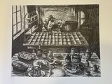 a black and white drawing of a table with food on it