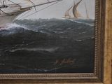 a painting of a ship in the water with sails