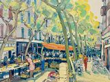 a painting of a street market with people walking by