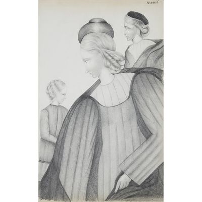 a drawing of a woman in a dress and a man in a hat