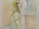 a watercolor painting of a woman sitting next to a statue