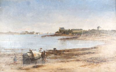 un tableau représentant un homme et une vache sur la plage