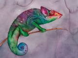 un tableau représentant un caméléon perché sur une branche