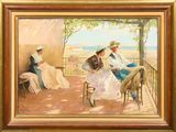 une peinture à l'huile représentant trois femmes assises sous un porche, avec vue sur l'océan