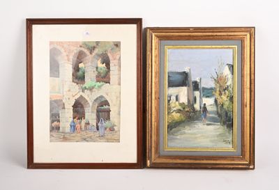 deux tableaux encadrés représentant une rue et un bâtiment, dans un cadre en bois