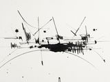 a black and white drawing of a boat in the water