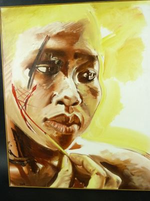 tableau représentant une femme avec du sang sur le visage et un bandage autour du cou